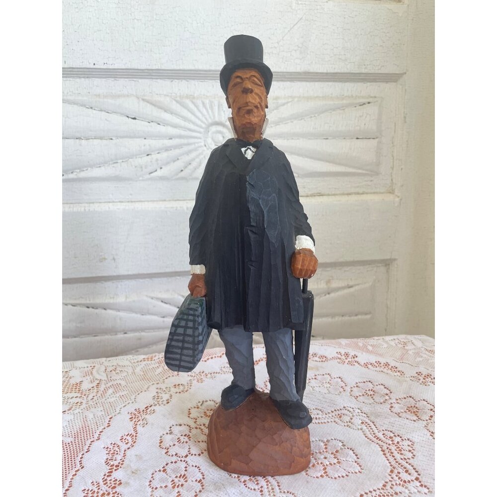 Vintage Folk Art Carved Wood Distinguished Man With Top Hat Umbrella Suitcase